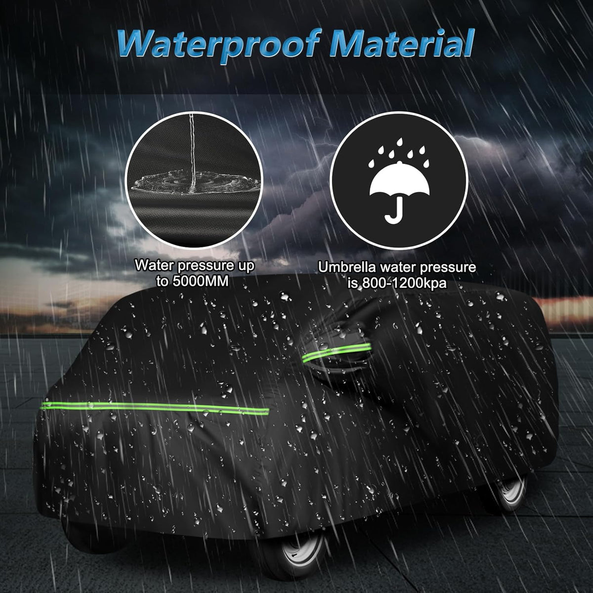 Car cover with waterproof material features, showing water pressure resistance and umbrella water pressure comparison.