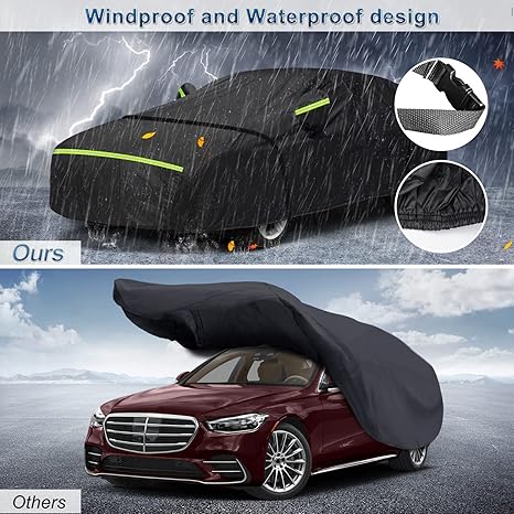 Car cover with windproof and waterproof design features, shown on a car in a rainstorm and on a clear day.