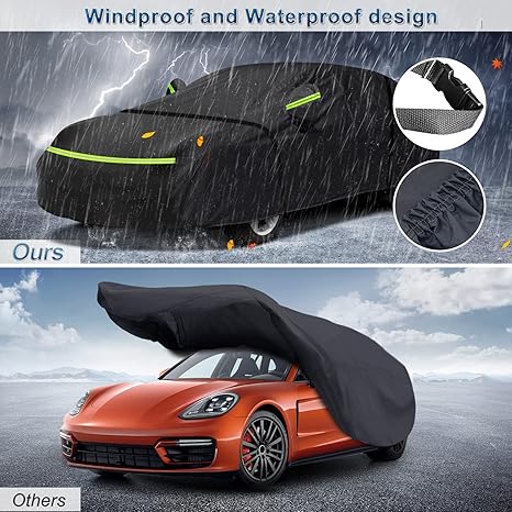 Car cover with windproof and waterproof design on a car in the rain, with comparison to 'Others' brand.