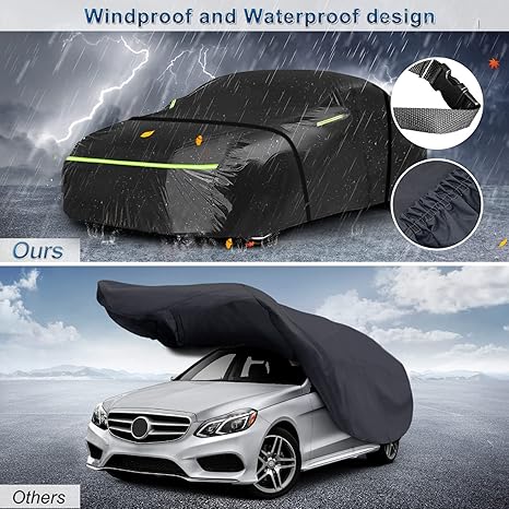 Car cover with windproof and waterproof design on a rainy day, comparing our product to others.