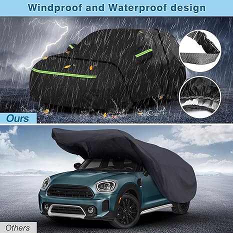 Car cover with windproof and waterproof design, shown in rain and on a car.