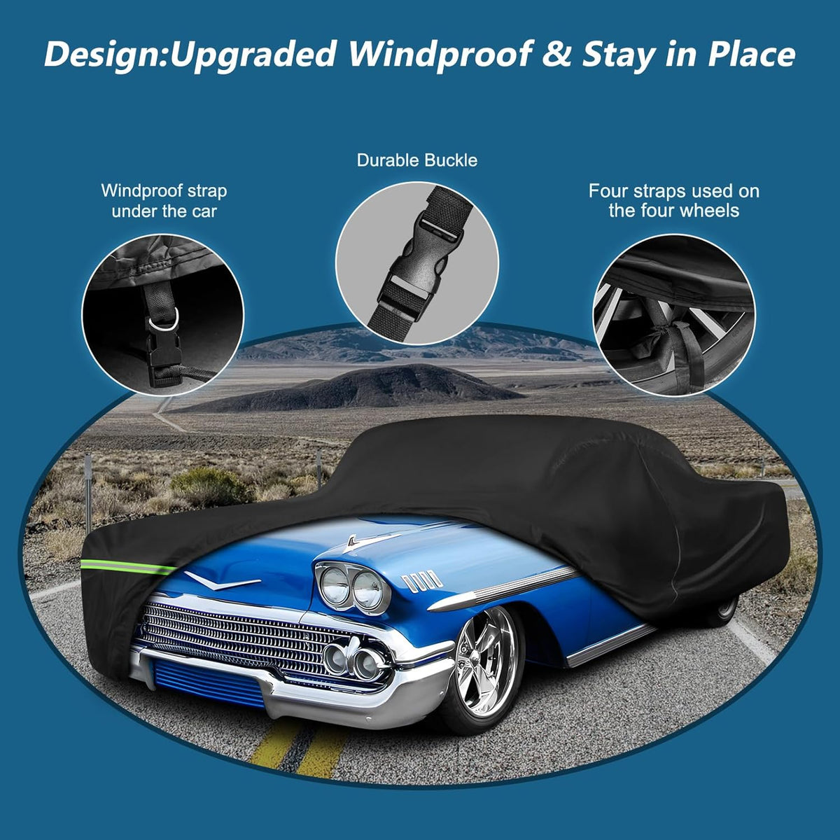 Car cover with windproof design features on a blue background