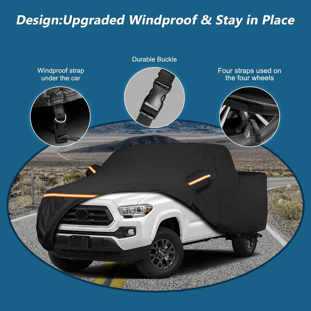 Car cover with windproof design features on a blue background