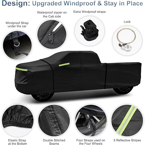 Car cover with windproof features and details on a white background