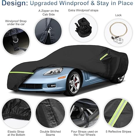 Car cover with windproof straps and features on a white background