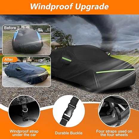 Car cover with windproof upgrade feature shown before and after use against a stormy background.