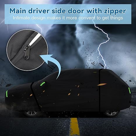 Car cover with zipper detail on a stormy background