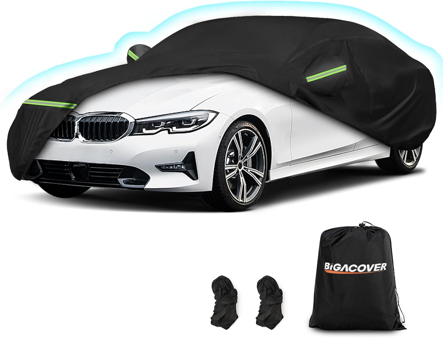 Car covered with a black car cover, accompanied by a storage bag labeled 'BIGACOVER' on a white background.