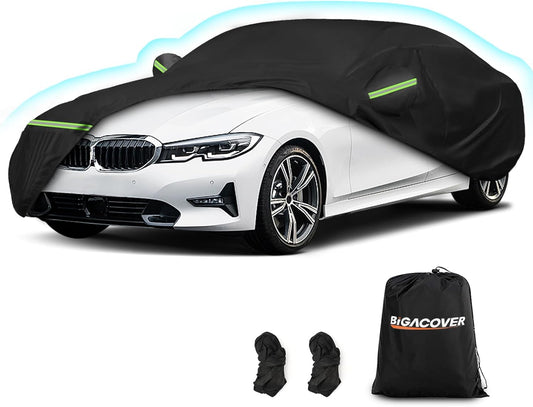 Car covered with a black car cover, accompanied by a storage bag labeled 'BIGACOVER' on a white background.