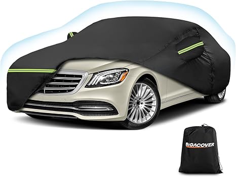 Car covered with a black car cover and Bigacover logo on a white background