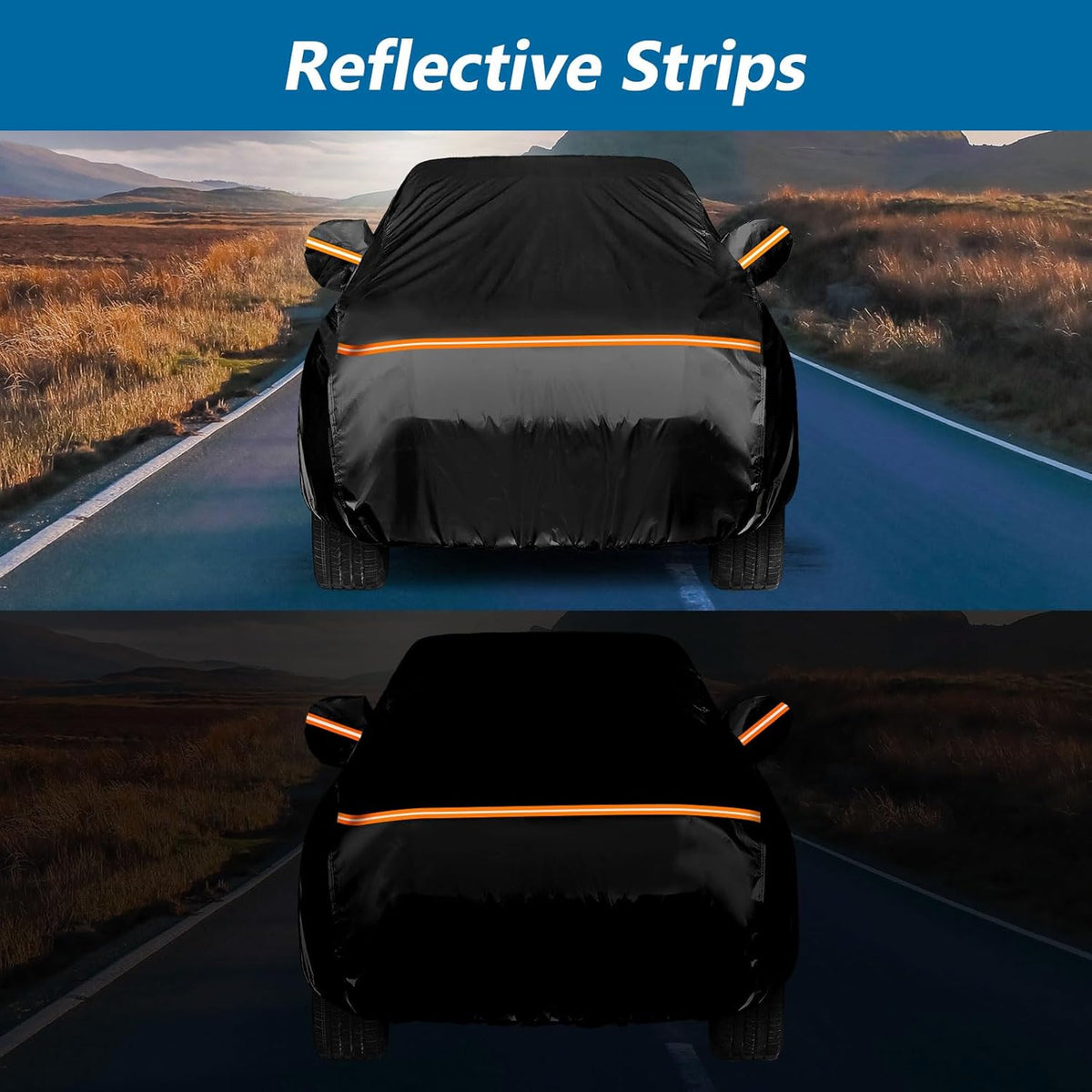 Car covered with a black car cover featuring reflective orange strips on a road with mountains in the background.