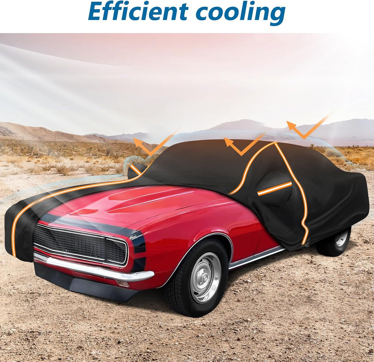 Car covered with a black car cover in a desert setting with 'Efficient cooling' text.
