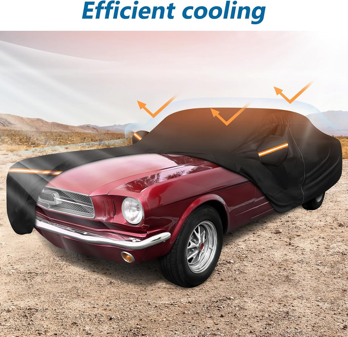 Car covered with a black cover in a desert setting with 'Efficient cooling' text.
