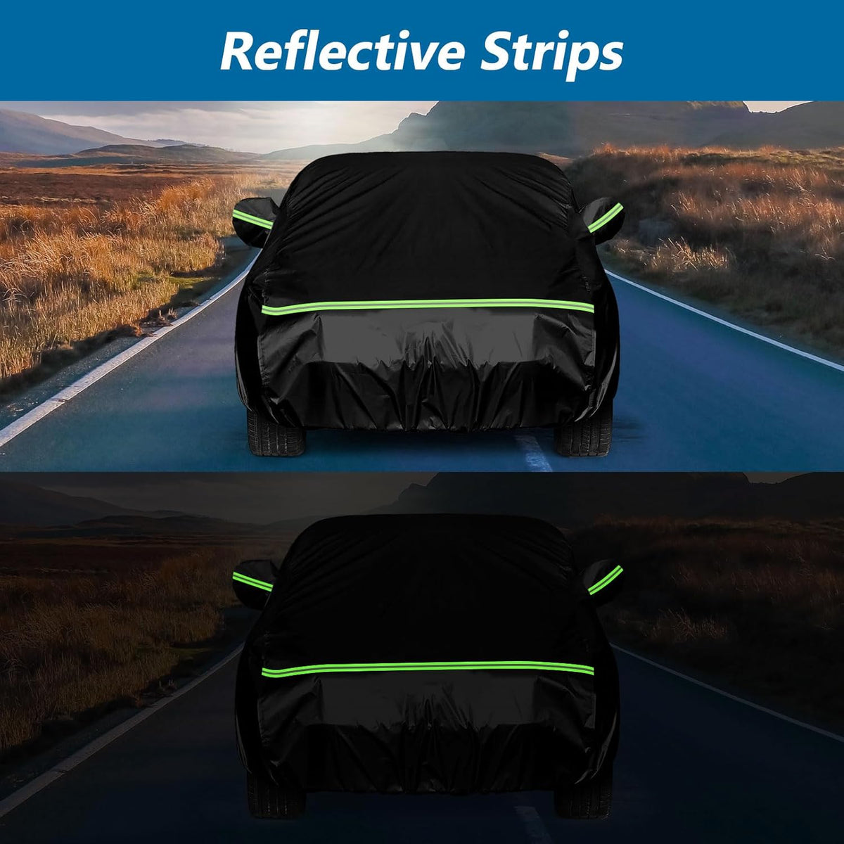 Car covered with a black reflective strip on a road with mountains in the background