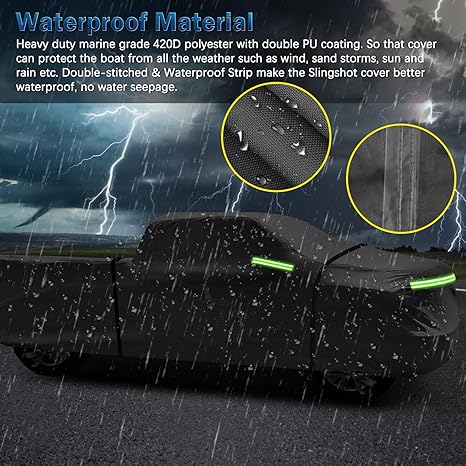 Car covered with a waterproof cover during rain, with text about material properties.
