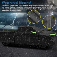 Load image into Gallery viewer, Car covered with a waterproof cover during rain, with text about material properties.

