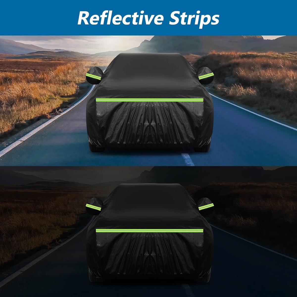 Car covered with a black reflective strip on a road with mountains in the background