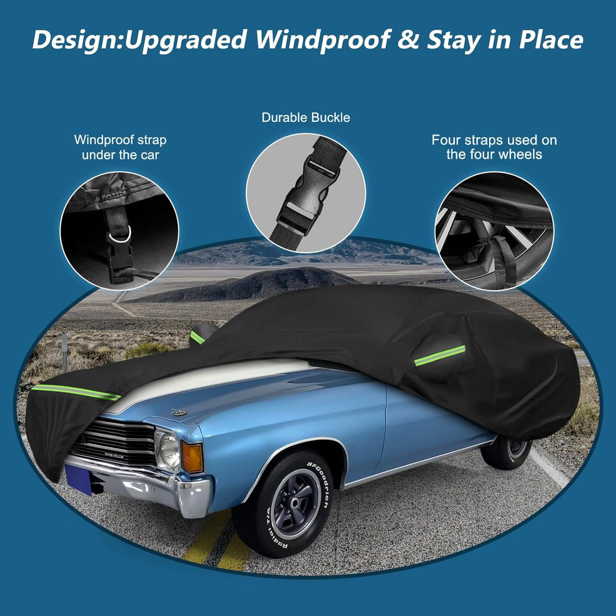 Car cover with windproof design features on a blue background