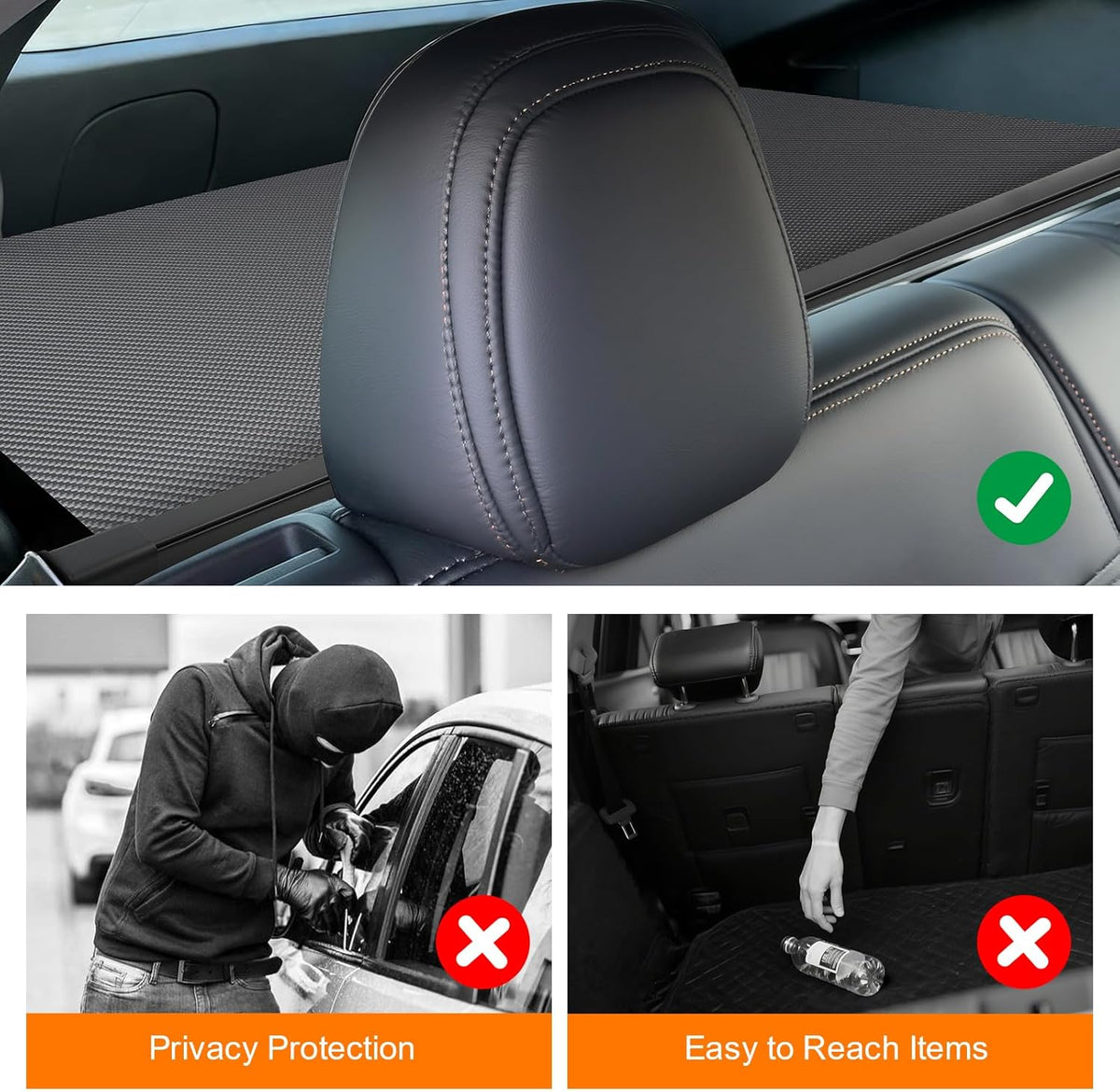 Car headrest cover with privacy protection and easy item reach features.
