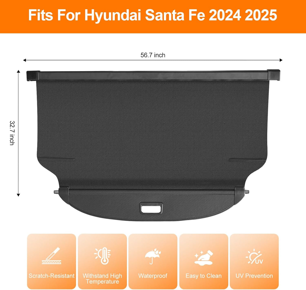 Car sunshade for Hyundai Santa Fe 2024-2025 with dimensions and features listed.