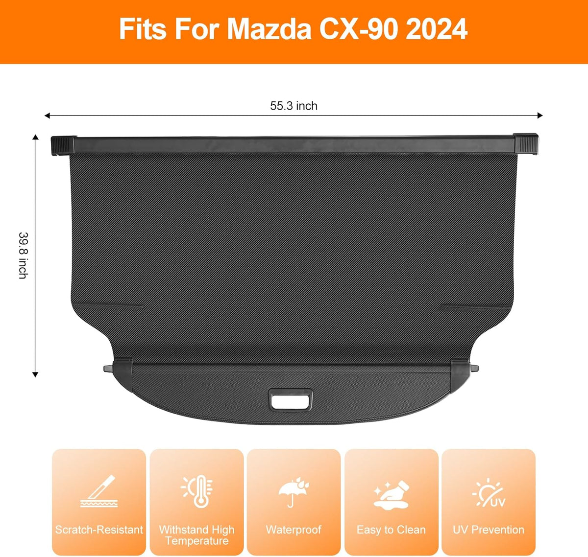 Car sunshade for Mazda CX-90 2024 with dimensions and feature icons on a white background.