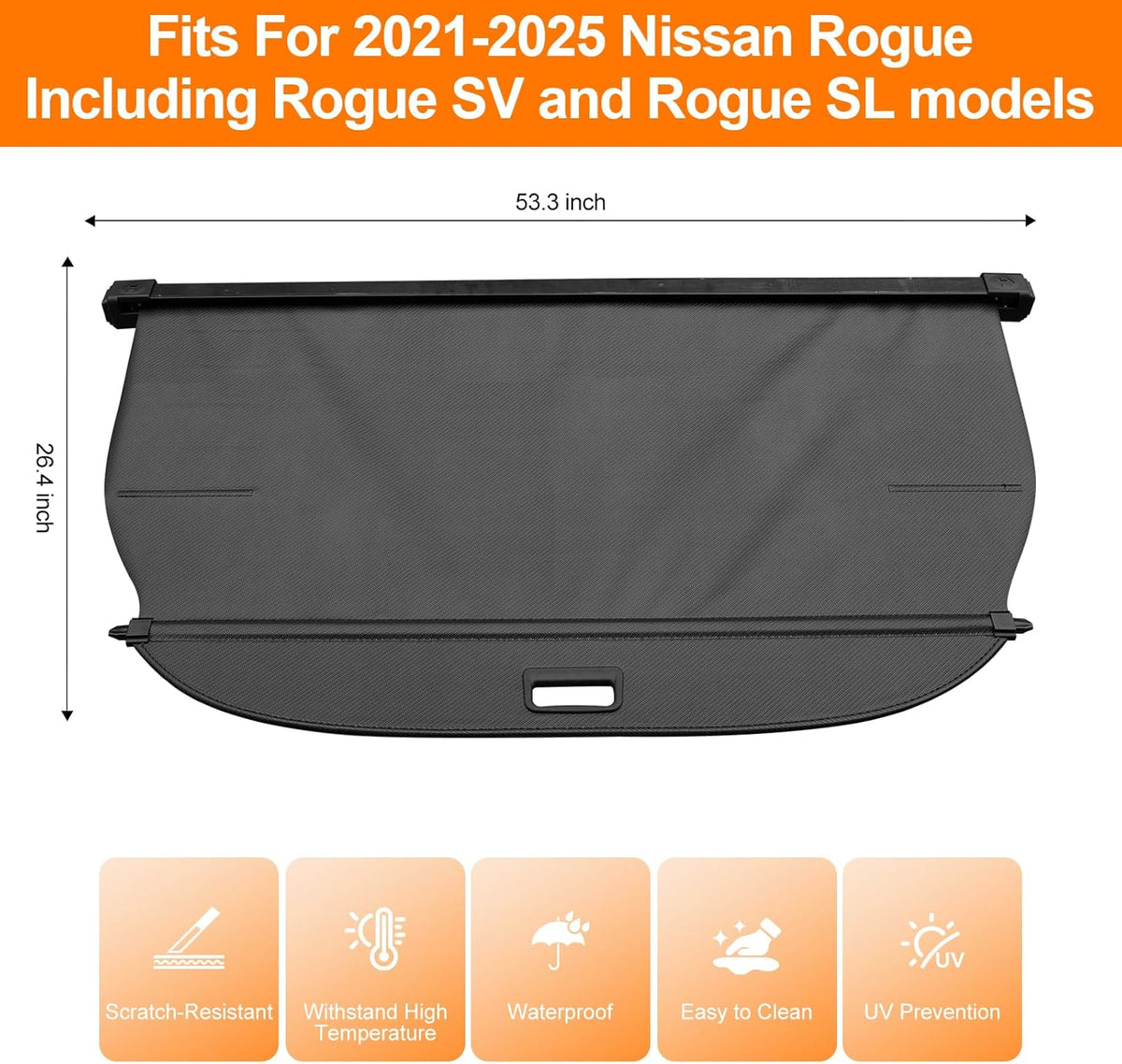 Car trunk cover with dimensions and features for 2021-2025 Nissan Rogue models.