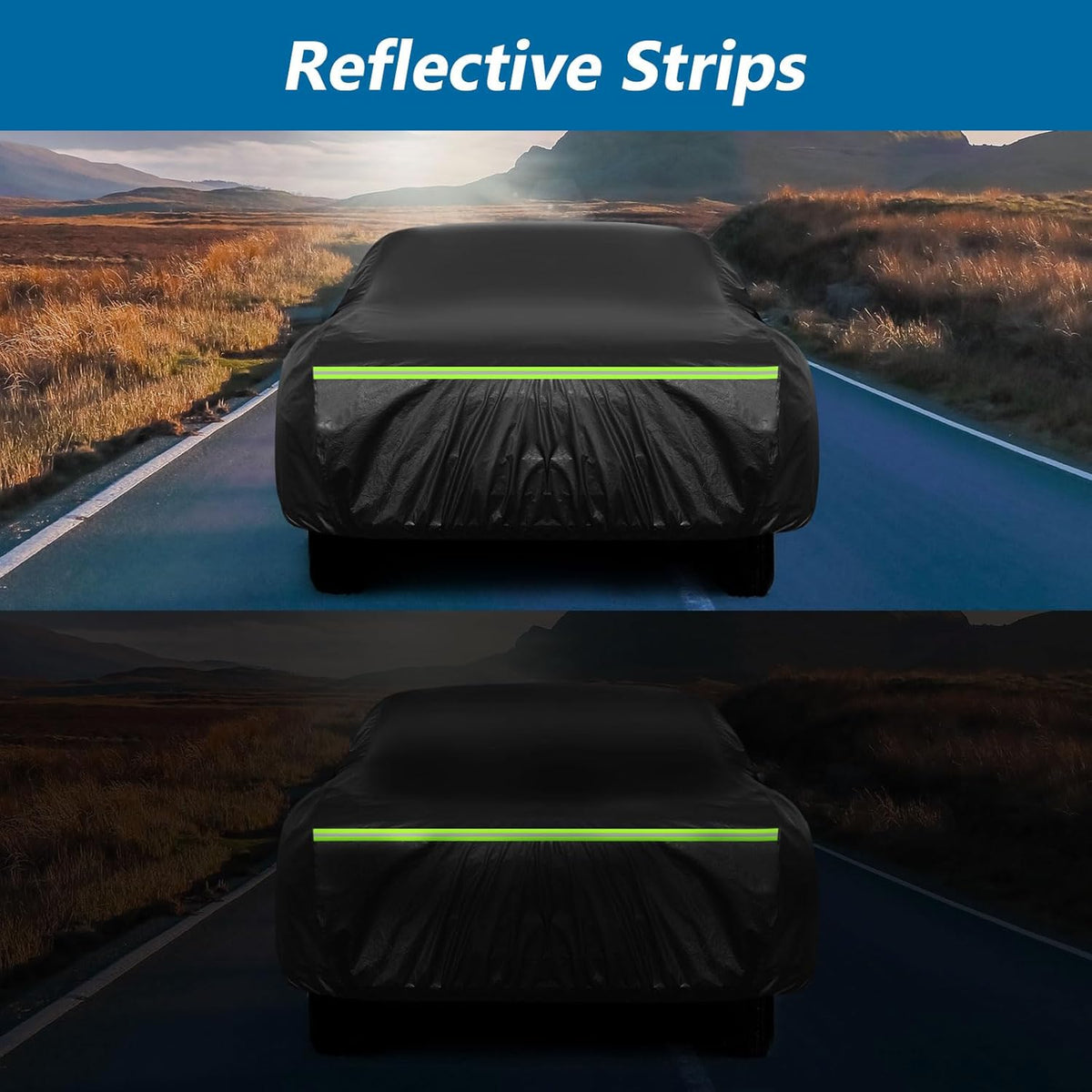 Car with reflective strips on a road with mountains in the background