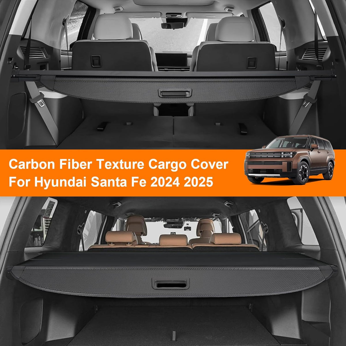 Carbon fiber texture cargo cover for Hyundai Santa Fe 2024-2025 shown in an open car trunk.