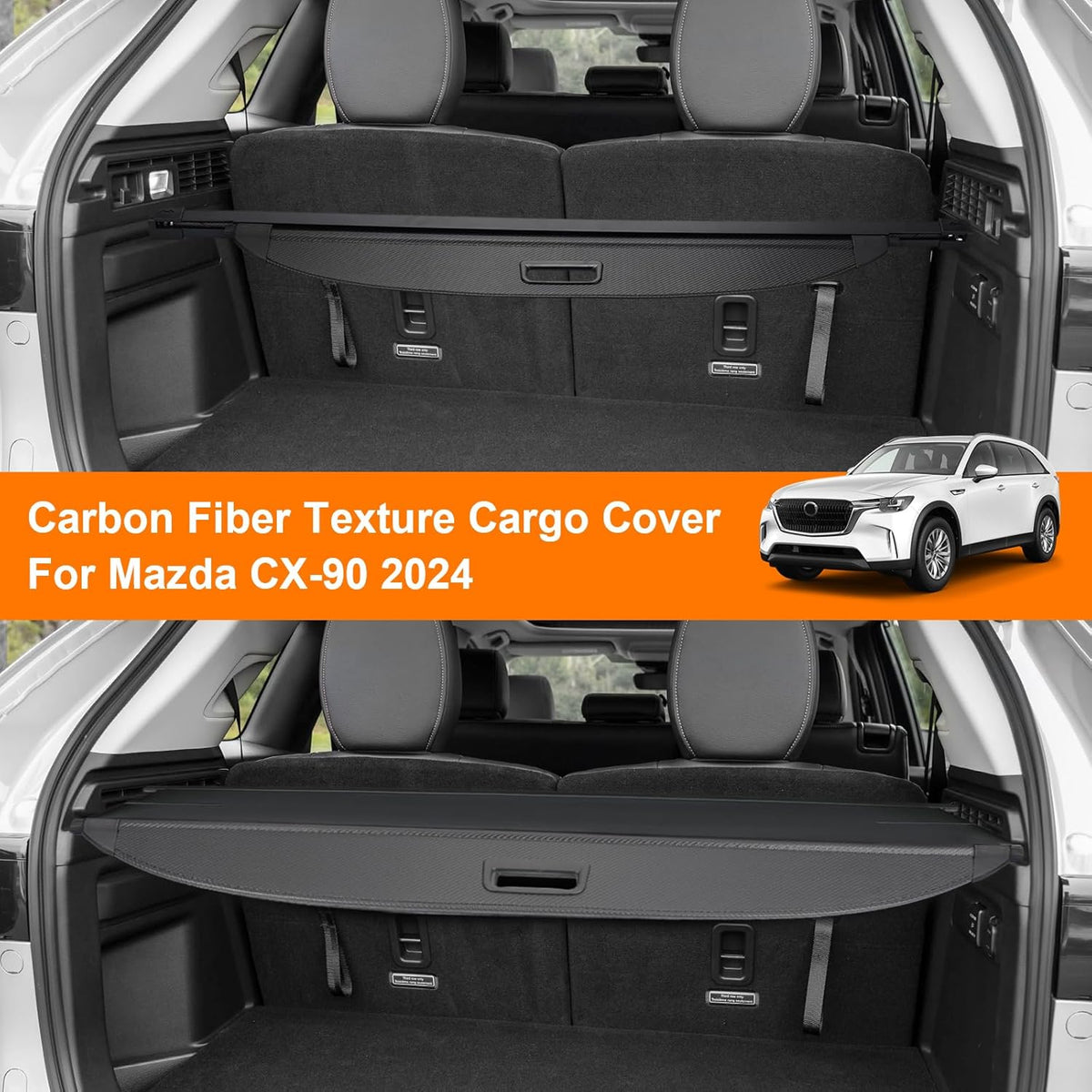 Carbon fiber texture cargo cover for Mazda CX-90 2024 with car image overlay.