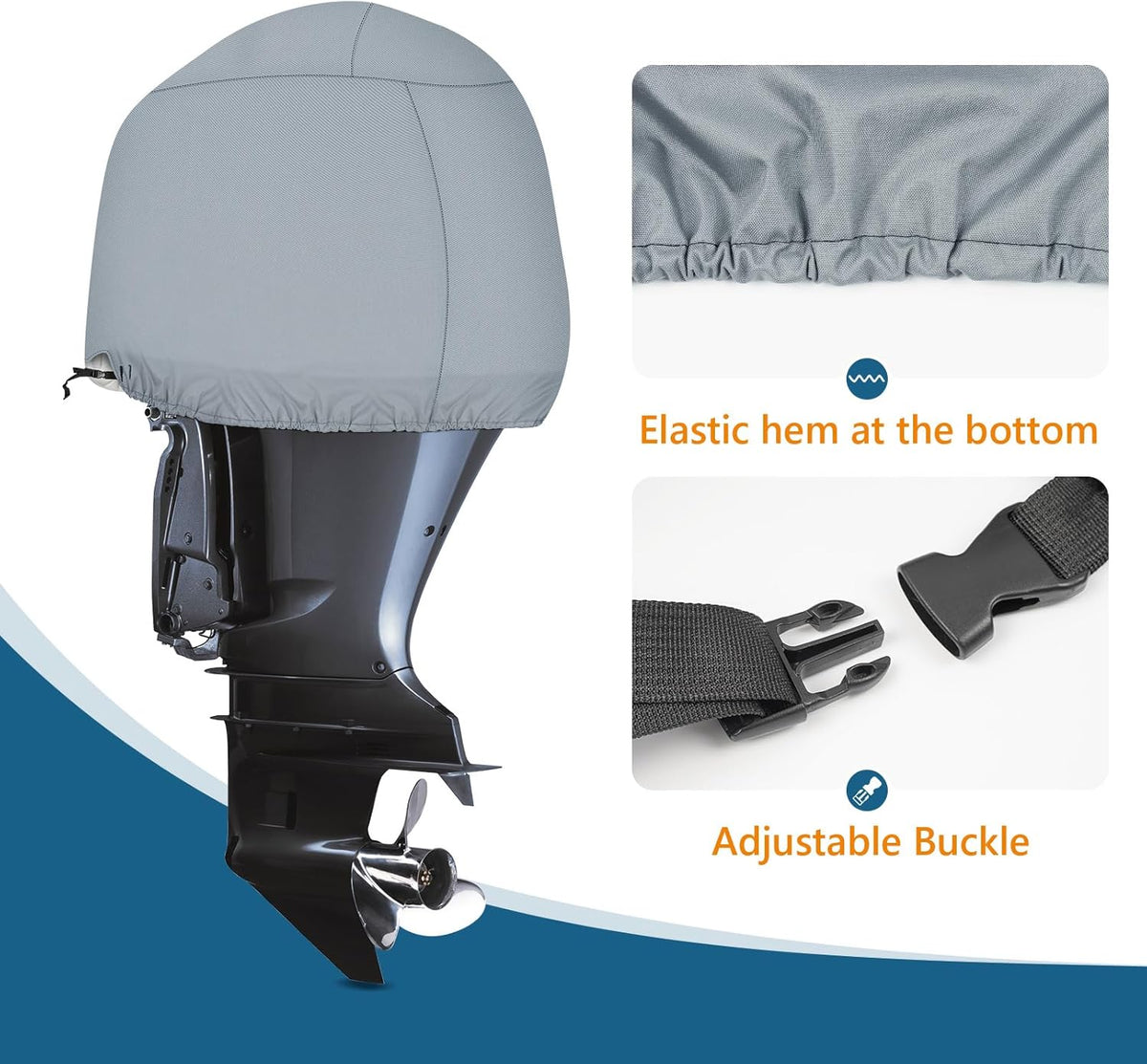 Close-up of a boat motor cover showing the elastic hem and adjustable quick-release buckle for a secure, custom fit on outboard engines.