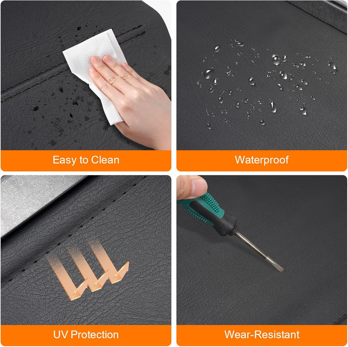 Collage of a black surface with text labels for easy cleaning, waterproofing, UV protection, and wear-resistance.