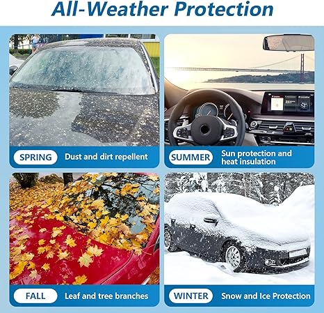 Collage of a car's windshield, interior, and exterior during spring, summer, fall, and winter with text on all-weather protection.