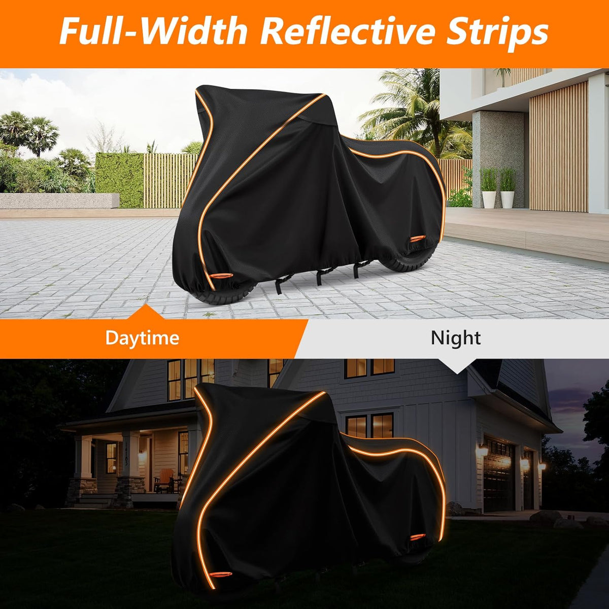 Comparison of a black motorcycle cover during daytime and nighttime, showcasing full-width orange reflective strips for high visibility and parking safety.