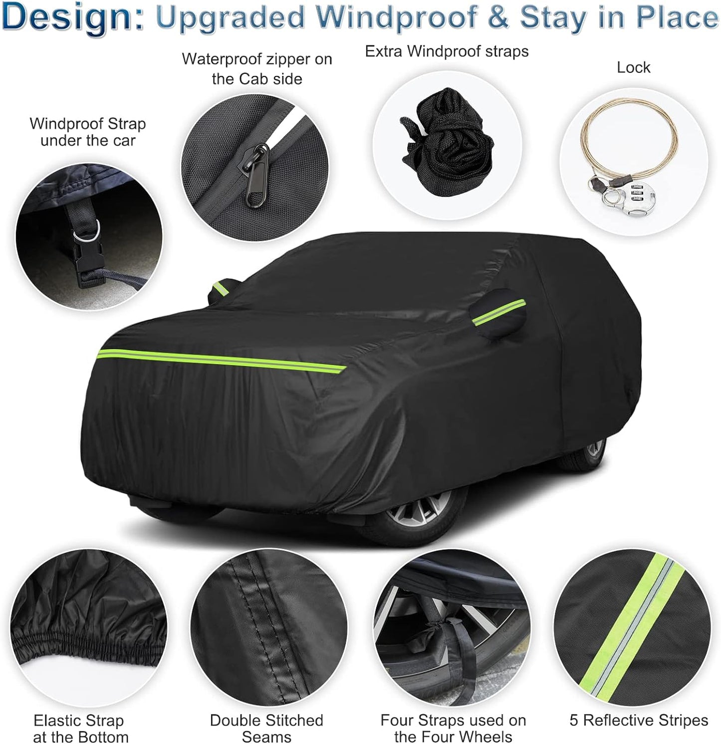 Comparison of a secure windproof car cover with buckles versus a standard cover blowing off in the wind.