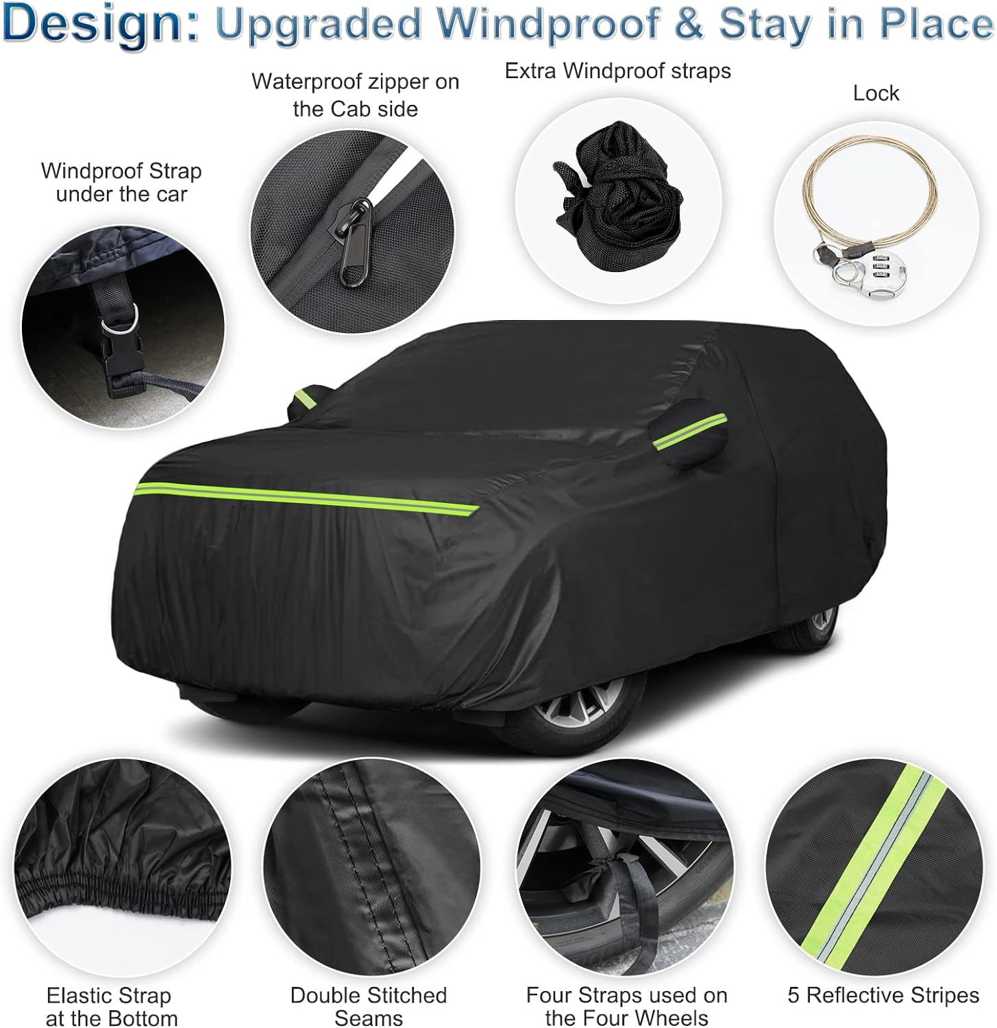 Comparison of a secure windproof car cover with buckles versus a standard cover blowing off in the wind.