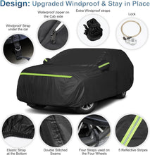 Load image into Gallery viewer, Comparison of a secure windproof car cover with buckles versus a standard cover blowing off in the wind.
