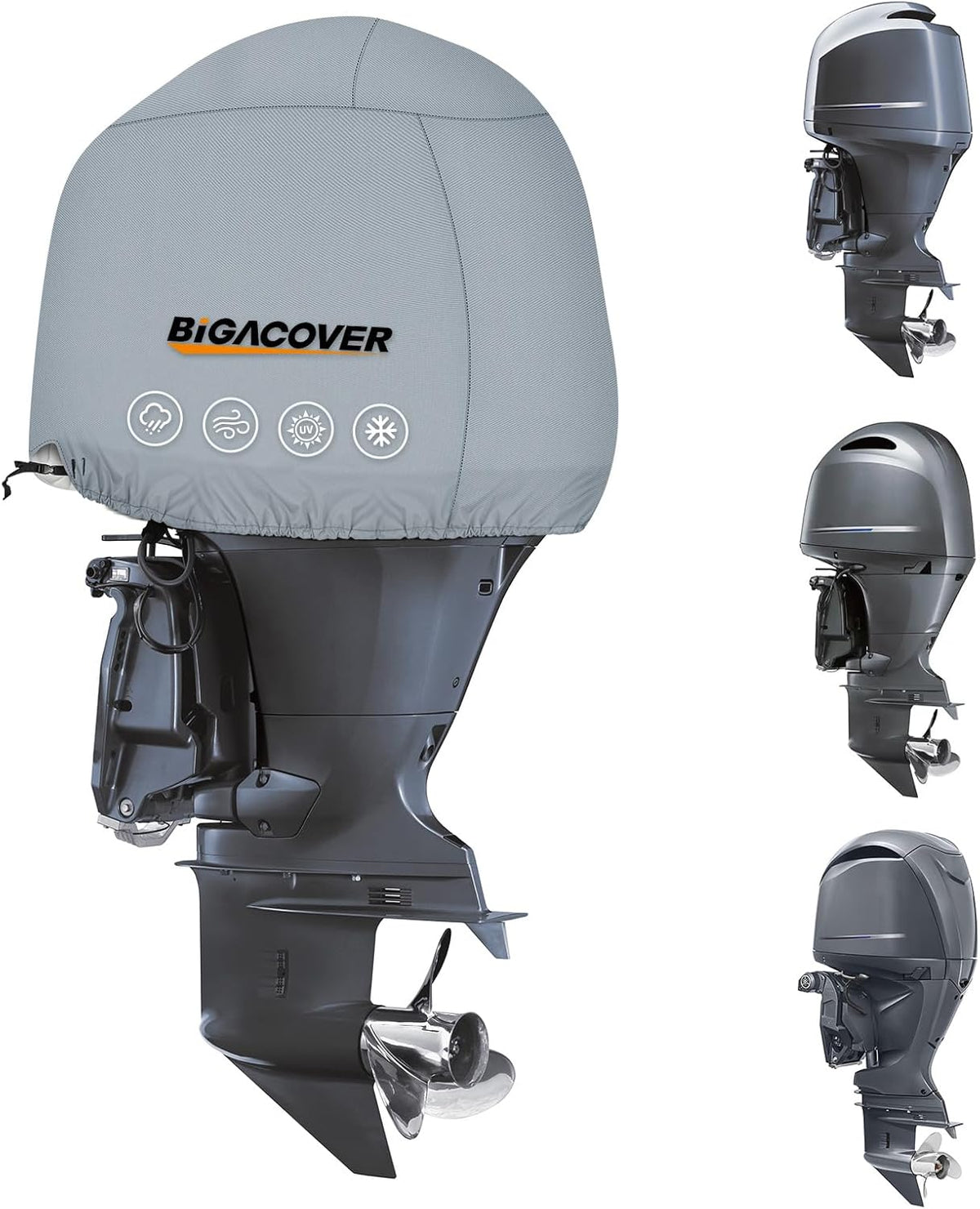 Gray outboard motor with Bigacover cover on a white background