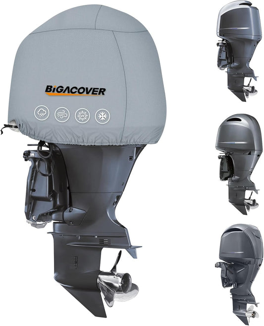 Gray outboard motor with Bigacover cover on a white background