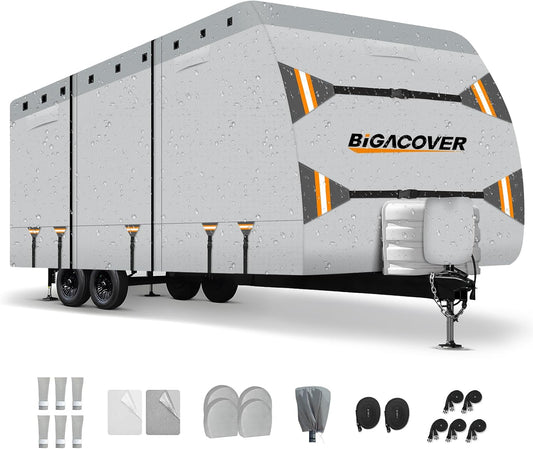 Gray travel trailer with Bigacover branding on a white background