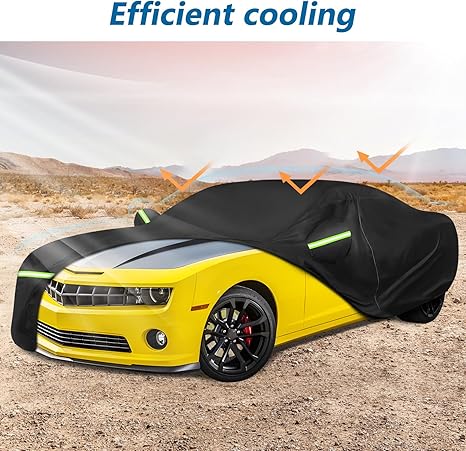 Heat-reflective car cover providing efficient cooling to keep vehicle interior temperatures low in sunny environments.