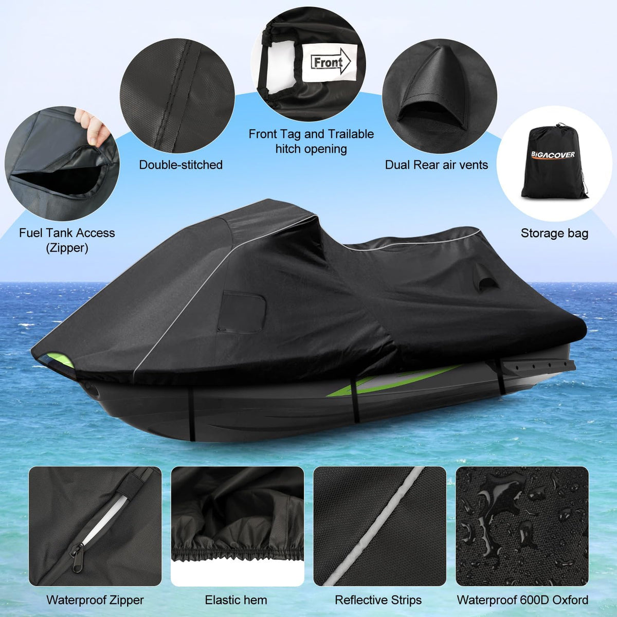 Heavy-duty Jet Ski cover features including a fuel tank access zipper, dual rear air vents, front identification tag, and trailer hitch opening.