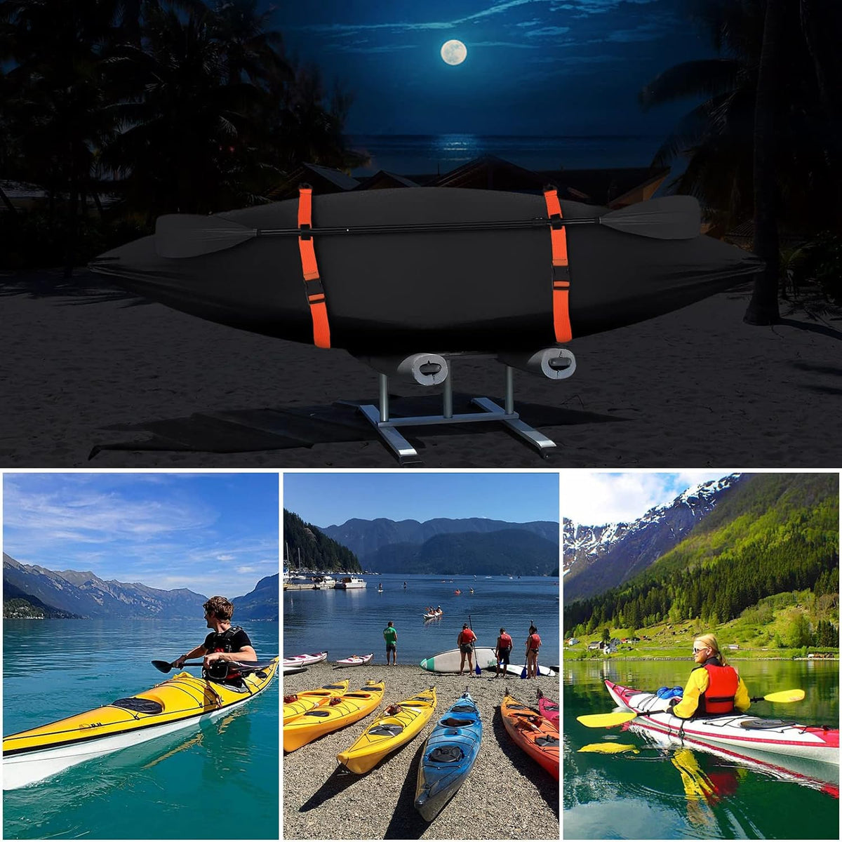 Heavy-duty black kayak cover with windproof buckles and adjustable straps.