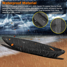 Load image into Gallery viewer, Heavy-duty kayak cover with orange adjustable straps and paddle storage.
