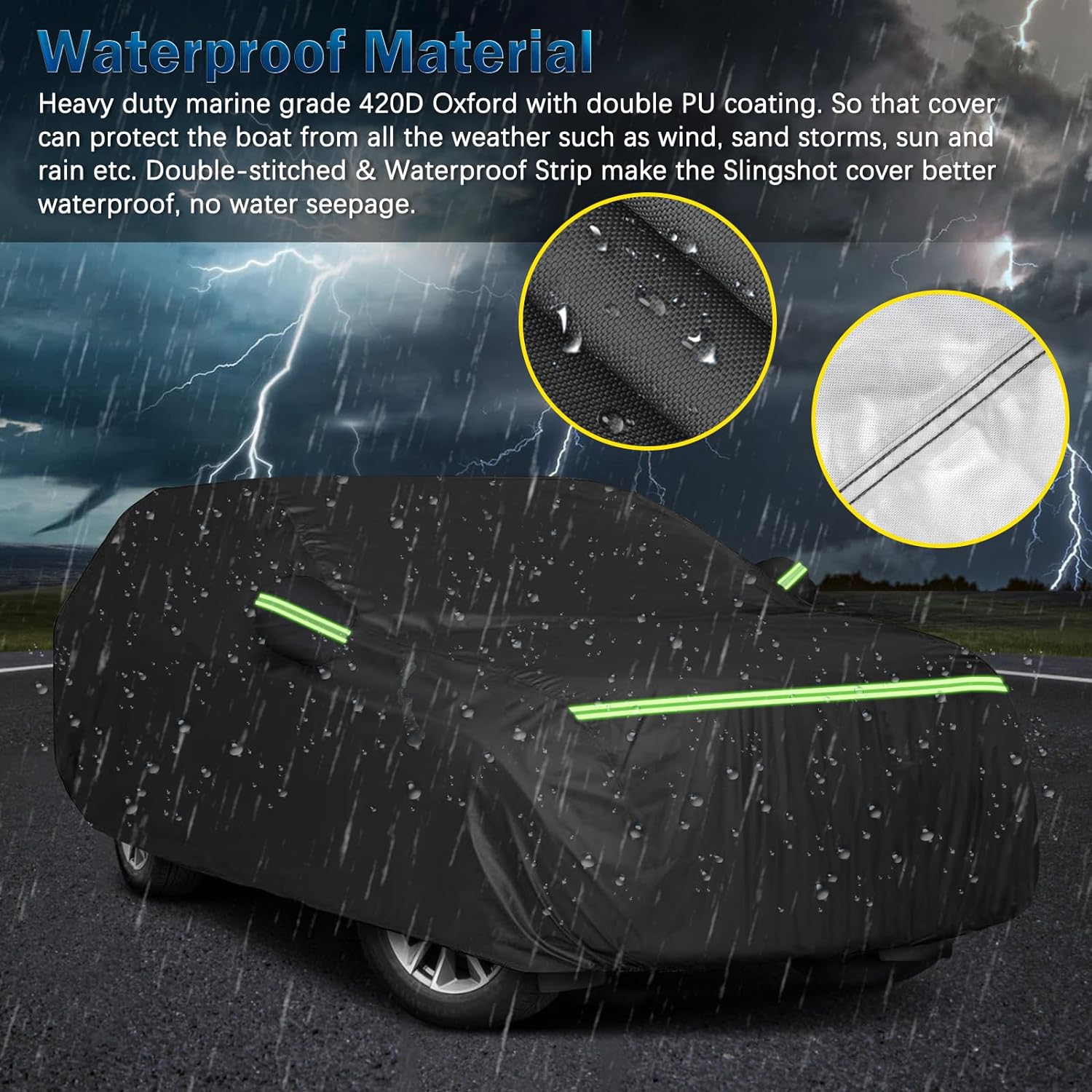Heavy-duty marine-grade 420D Oxford car cover with double PU coating and waterproof strips for maximum storm protection.