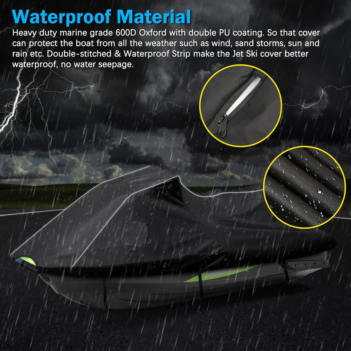 Heavy-duty marine-grade 600D Oxford Jet Ski cover with double PU coating and waterproof strips for extreme weather protection.