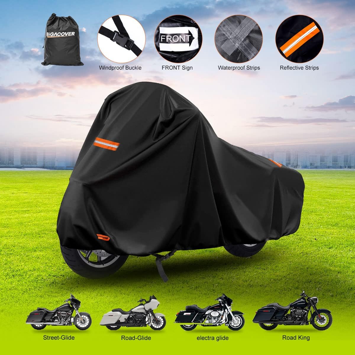 Heavy-duty motorcycle cover with storage bag, windproof buckle, and reflective strips.