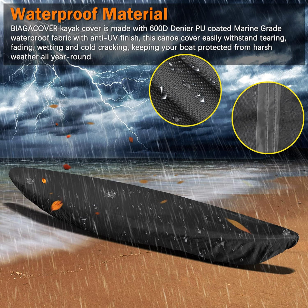 Heavy-duty waterproof 600D marine-grade kayak and canoe cover for storm protection.