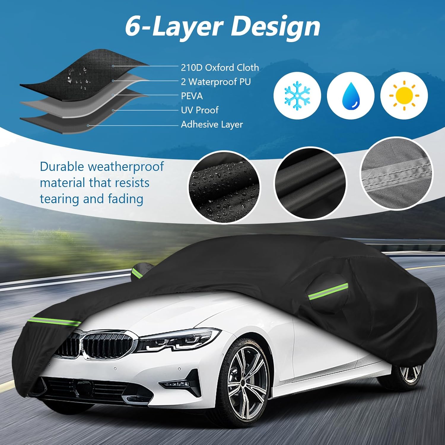 Infographic of a black car cover detailing its 6-layer design: 210D Oxford Cloth, two waterproof PU layers, PEVA, UV-proof coating, and an adhesive layer.