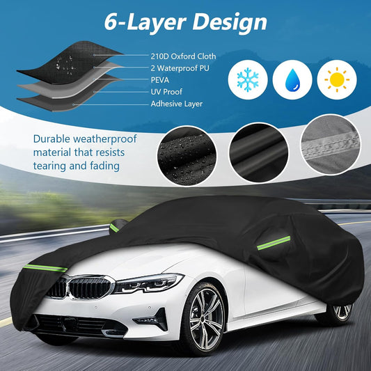 Infographic of a black car cover detailing its 6-layer design: 210D Oxford Cloth, two waterproof PU layers, PEVA, UV-proof coating, and an adhesive layer.