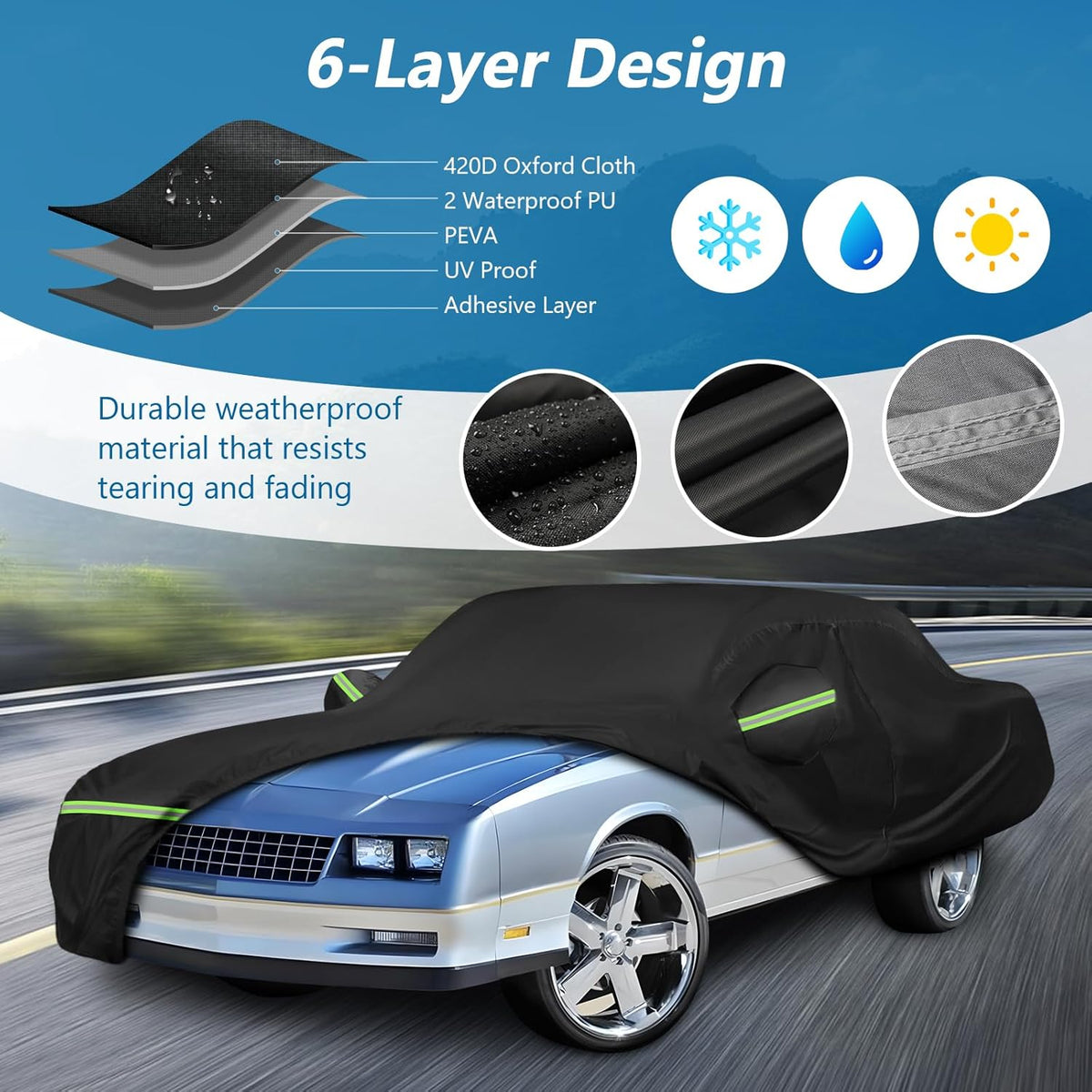 Infographic of a black car cover detailing its 6-layer design, including 420D Oxford Cloth, two waterproof PU layers, PEVA, UV-proof material, and an adhesive layer.